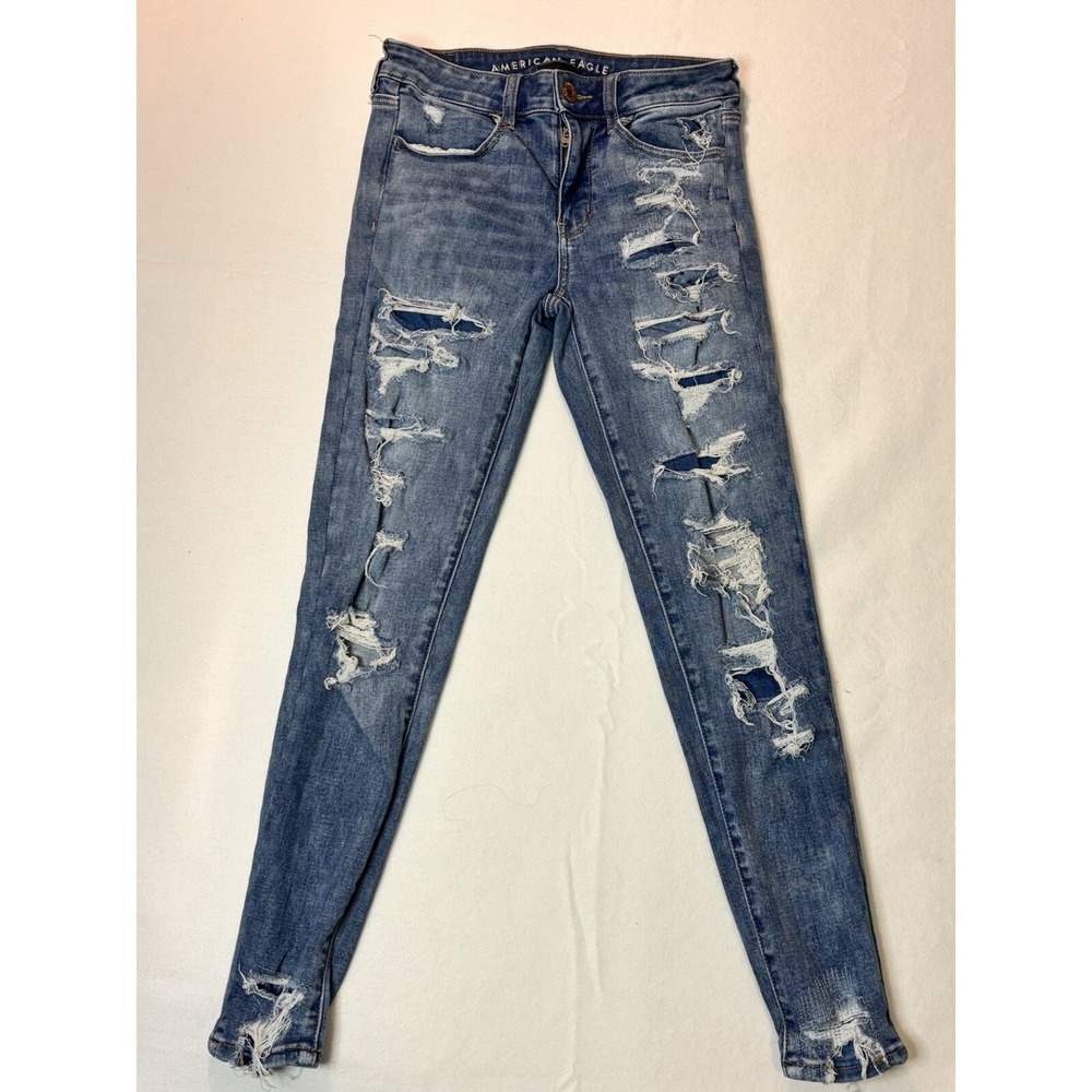 American Eagle Hi Rise Jegging Distressed Ripped Blue Denim Jeans Women Size2